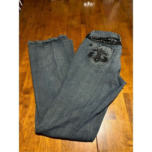 Vtg Y2K House of Dereon Beyoncé Womens Mid Rise Flare Embellished Jeans Size 7/8 - Picture 2 of 15